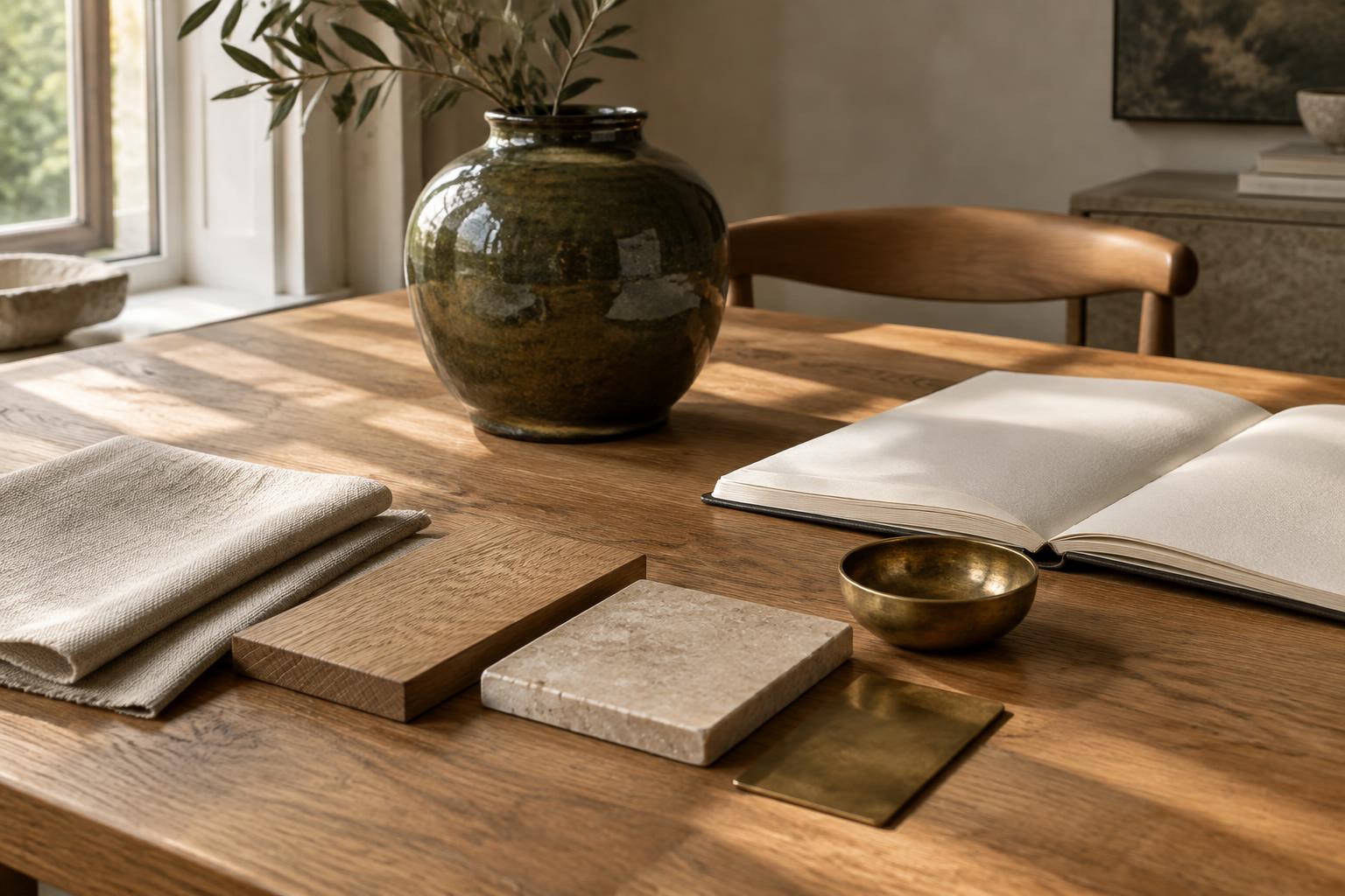 A study of linen, oak, stone and brass in natural window light
